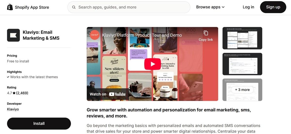 Klaviyo Shopify automation platform showing multi-channel marketing campaigns with email, SMS, and WhatsApp integration for ecommerce stores